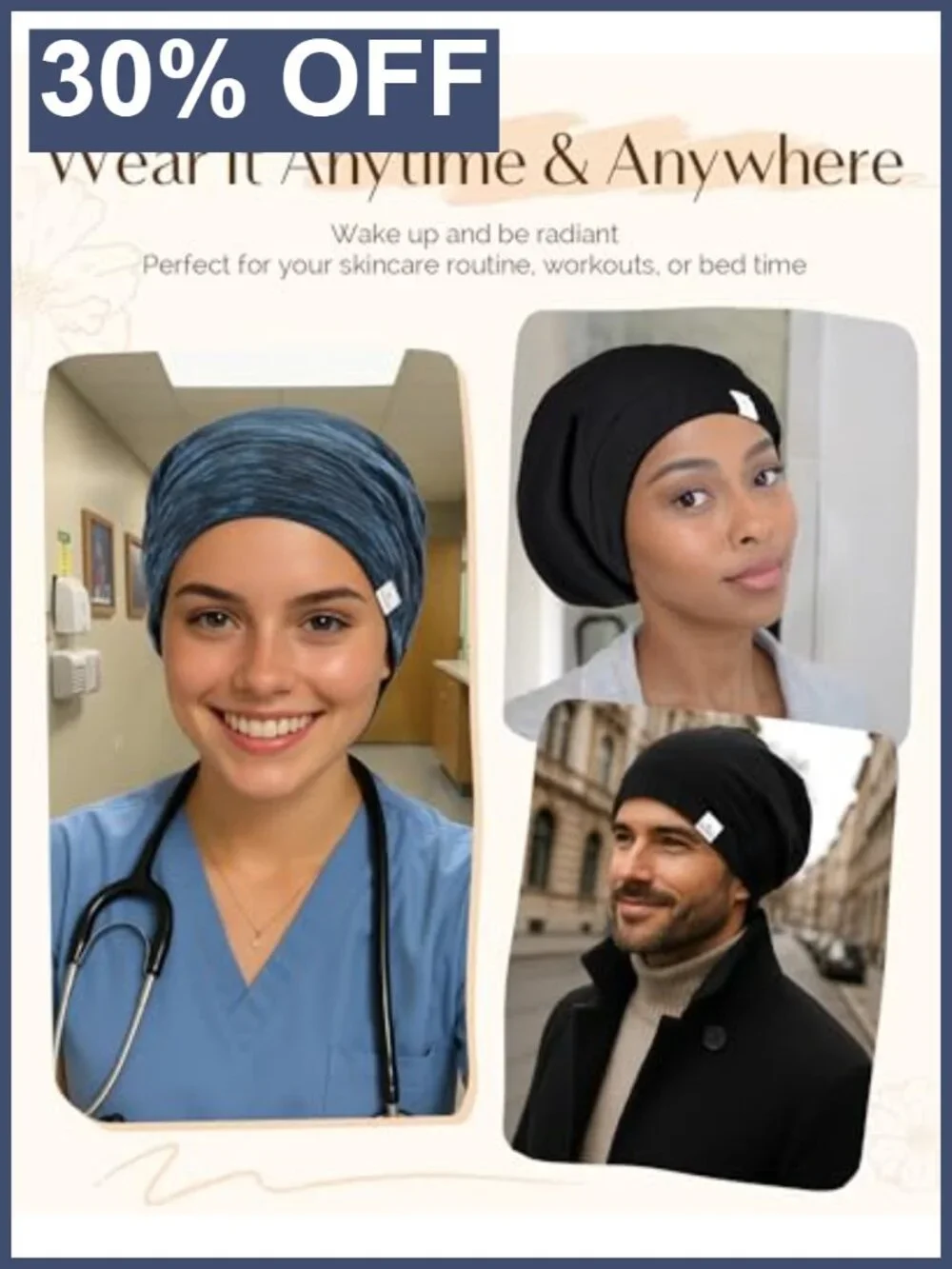 Satin Lined Sleep Cap Adjustable Stay On Slouchy Beanie Hair Bonnet